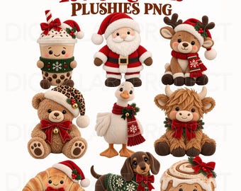 Christmas Plush Clipart Bundle, Cute Holiday Animals PNG, Teddy Bear, Santa Plushie, Nursery Decor