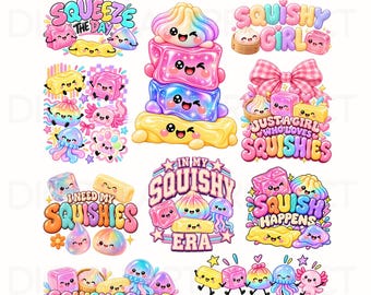 May include: A collection of 30 PNG designs featuring colorful, cartoon-style squishy characters with smiling faces. The graphics include various pastel-colored cubes, dumplings, and jellyfish with text phrases like Squeeze the Day and Squish Squad.