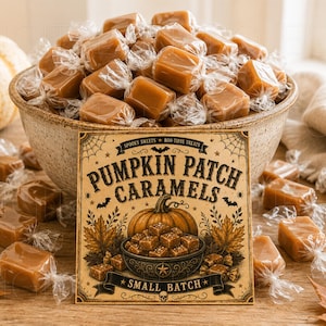 May include: A large speckled ceramic bowl filled with individually wrapped square caramel candies. In front sits a square label with the text "Pumpkin Patch Caramels," "Spooky Sweets," "Boo-tiful Treats," and "Small Batch" featuring a pumpkin illustration.