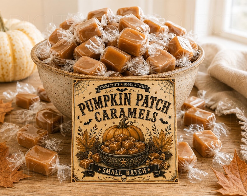 May include: A large speckled ceramic bowl filled with individually wrapped square caramel candies. In front sits a square label with the text "Pumpkin Patch Caramels," "Spooky Sweets," "Boo-tiful Treats," and "Small Batch" featuring a pumpkin illustration.