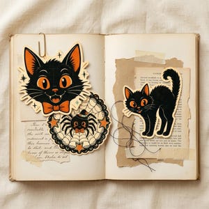 May include: Three die-cut stickers featuring a black cat head with an orange bow tie, a spider on a web with an orange hat and bow tie, and a full-body black cat with orange eyes. The stickers are arranged on the pages of an open vintage book.