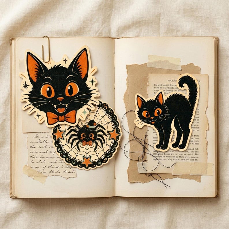 May include: Three die-cut stickers featuring a black cat head with an orange bow tie, a spider on a web with an orange hat and bow tie, and a full-body black cat with orange eyes. The stickers are arranged on the pages of an open vintage book.