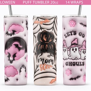 May include: Three 20oz pink and white Halloween themed tumblers with different designs. The first tumbler has a pink and white cloud and bat design. The second tumbler has a black and white hair bun with the text "momster". The third tumbler has a pink and white ghost design with the text "Let's go ghouls".