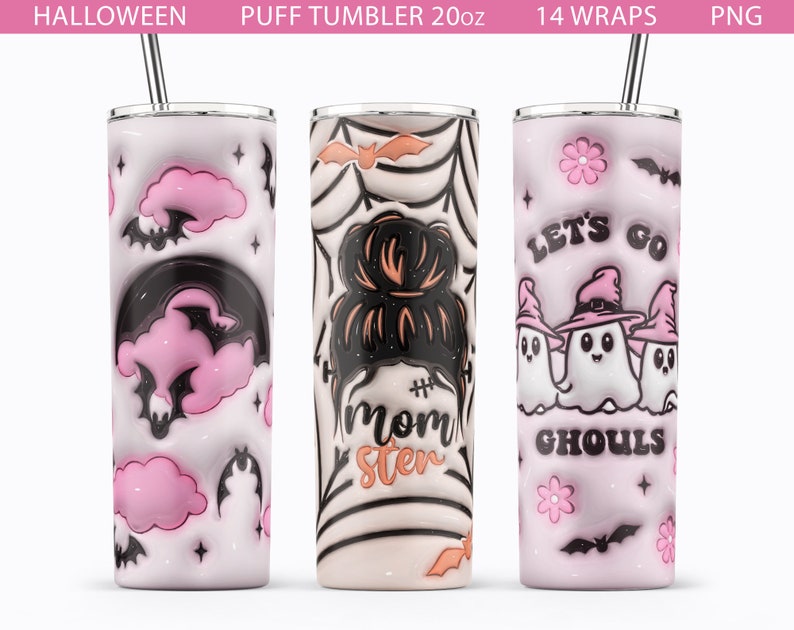 May include: Three 20oz pink and white Halloween themed tumblers with different designs. The first tumbler has a pink and white cloud and bat design. The second tumbler has a black and white hair bun with the text "momster". The third tumbler has a pink and white ghost design with the text "Let's go ghouls".