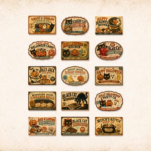 May include: A collection of fifteen rectangular and oval stickers featuring vintage-style Halloween illustrations. Each sticker displays colorful graphics of black cats, jack-o'-lanterns, ghosts, and text such as Ghost & Goblin Cookie Co, Scaredy Cat Candy Mix, and Witch's Kettle Soup Co, all set against a light cream background.