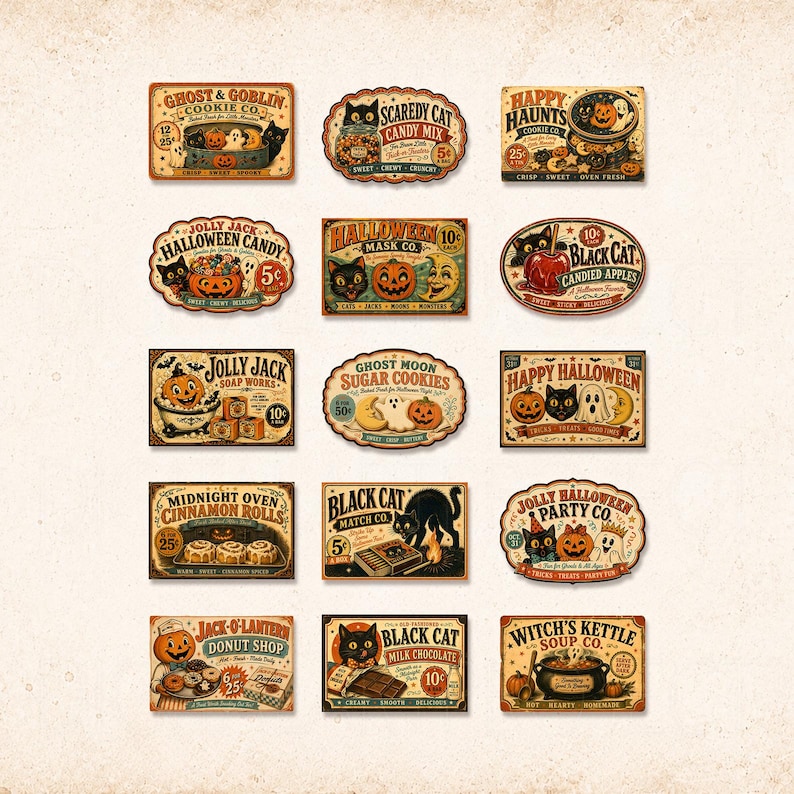 May include: A collection of fifteen rectangular and oval stickers featuring vintage-style Halloween illustrations. Each sticker displays colorful graphics of black cats, jack-o'-lanterns, ghosts, and text such as Ghost & Goblin Cookie Co, Scaredy Cat Candy Mix, and Witch's Kettle Soup Co, all set against a light cream background.