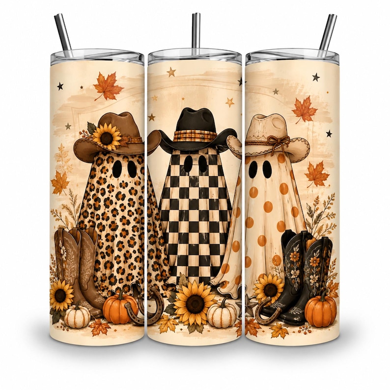 May include: A cylindrical tumbler with a straw featuring a fall-themed design of three ghosts wearing cowboy hats. The ghosts are decorated with leopard print, black and white checkers, and orange polka dots, surrounded by sunflowers, pumpkins, and autumn leaves.