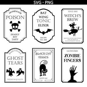 Halloween Bottle Labels svg png, Transparent Labels, Witch&#39;s Brew, Ghost Tears, Bat Wing, Zombie Fingers Label png, Sublimation, Waterslide