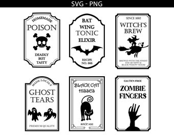 Halloween Bottle Labels svg png, Transparent Labels, Witch&#39;s Brew, Ghost Tears, Bat Wing, Zombie Fingers Label png, Sublimation, Waterslide