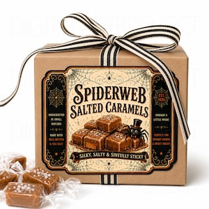 K&ouml;nnte beinhalten: Eine quadratische braune Pappschachtel, die mit einem schwarz-wei&szlig; gestreiften Band gebunden ist. Das Etikett zeigt den Text Spiderweb Salted Caramels, eine Illustration einer Spinne mit Zylinder und mehrere Karamellw&uuml;rfel mit Meersalzkristallen.