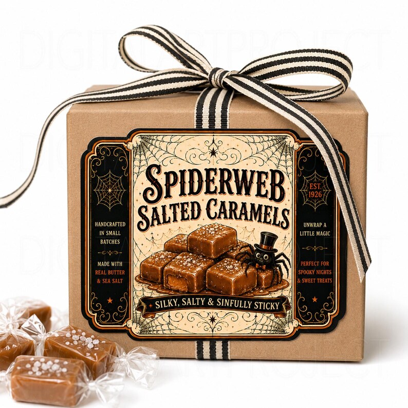K&ouml;nnte beinhalten: Eine quadratische braune Pappschachtel, die mit einem schwarz-wei&szlig; gestreiften Band gebunden ist. Das Etikett zeigt den Text Spiderweb Salted Caramels, eine Illustration einer Spinne mit Zylinder und mehrere Karamellw&uuml;rfel mit Meersalzkristallen.