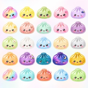 May include: A collection of twenty-five illustrated dumpling characters arranged in a five-by-five grid. Each dumpling features a unique pastel or vibrant color, a smiling face with large eyes, and small decorative elements like flowers, stars, or moons.