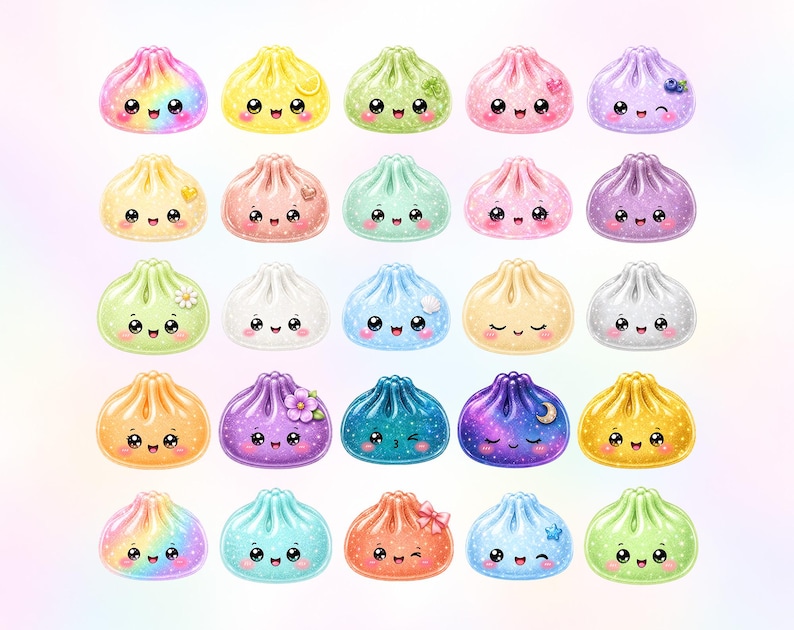 May include: A collection of twenty-five illustrated dumpling characters arranged in a five-by-five grid. Each dumpling features a unique pastel or vibrant color, a smiling face with large eyes, and small decorative elements like flowers, stars, or moons.