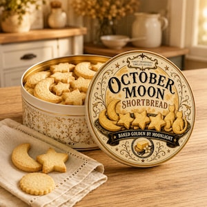 K&ouml;nnte beinhalten: Eine runde Metalldose gef&uuml;llt mit mond- und sternf&ouml;rmigem M&uuml;rbegeb&auml;ck. Der Deckel zeigt den Text "OCTOBER MOON SHORTBREAD" und "BAKED GOLDEN BY MOONLIGHT" mit Illustrationen von Geb&auml;ck, Katzen und einem Vollmond auf cremefarbenem Grund.
