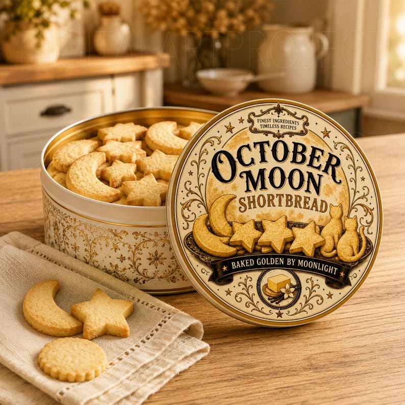 K&ouml;nnte beinhalten: Eine runde Metalldose gef&uuml;llt mit mond- und sternf&ouml;rmigem M&uuml;rbegeb&auml;ck. Der Deckel zeigt den Text "OCTOBER MOON SHORTBREAD" und "BAKED GOLDEN BY MOONLIGHT" mit Illustrationen von Geb&auml;ck, Katzen und einem Vollmond auf cremefarbenem Grund.
