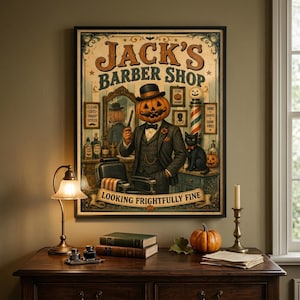 May include: A rectangular wall poster titled Jack's Barber Shop featuring a pumpkin-headed figure in a suit and top hat holding a razor. The scene includes a black cat, a barber chair, and the text Looking Frightfully Fine in a vintage style.