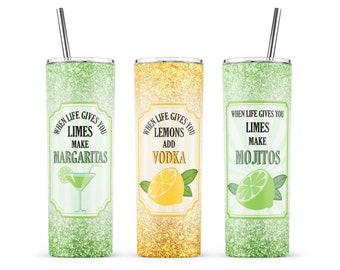Quando la vita ti dà i limoni Aggiungi il design di sublimazione della vodka, bicchiere magro da 20 once, etichetta limone, bicchiere Mojito al lime PNG, bicchiere Margarita al lime