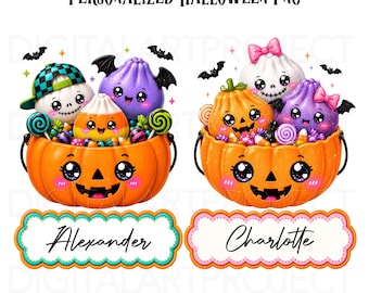 Personalized Kids Halloween PNG, Custom Name Boy Girl Shirt, Pumpkin Bucket Candy Sublimation Design