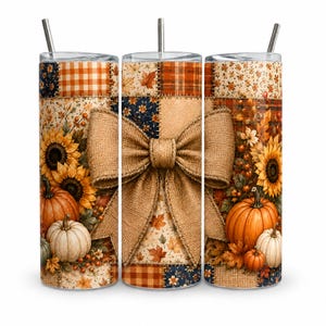 May include: A cylindrical tumbler with a straw featuring a patchwork design of orange pumpkins, yellow sunflowers, autumn leaves, and plaid patterns. A large, textured burlap-style bow is centered across the front of the design.