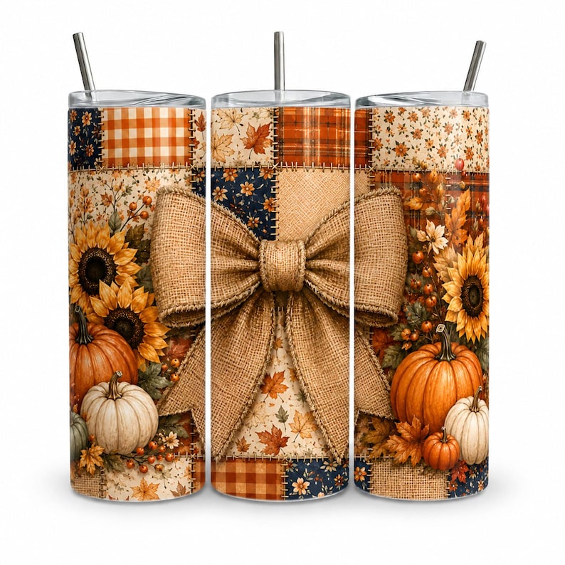 May include: A cylindrical tumbler with a straw featuring a patchwork design of orange pumpkins, yellow sunflowers, autumn leaves, and plaid patterns. A large, textured burlap-style bow is centered across the front of the design.