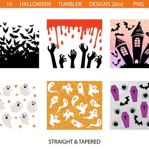 Puede incluir: 18 dise&ntilde;os de vasos de Halloween en formato PNG. Los dise&ntilde;os incluyen murci&eacute;lagos, fantasmas, una casa encantada y ata&uacute;des. Los dise&ntilde;os son perfectos para crear vasos personalizados para la temporada de Halloween.