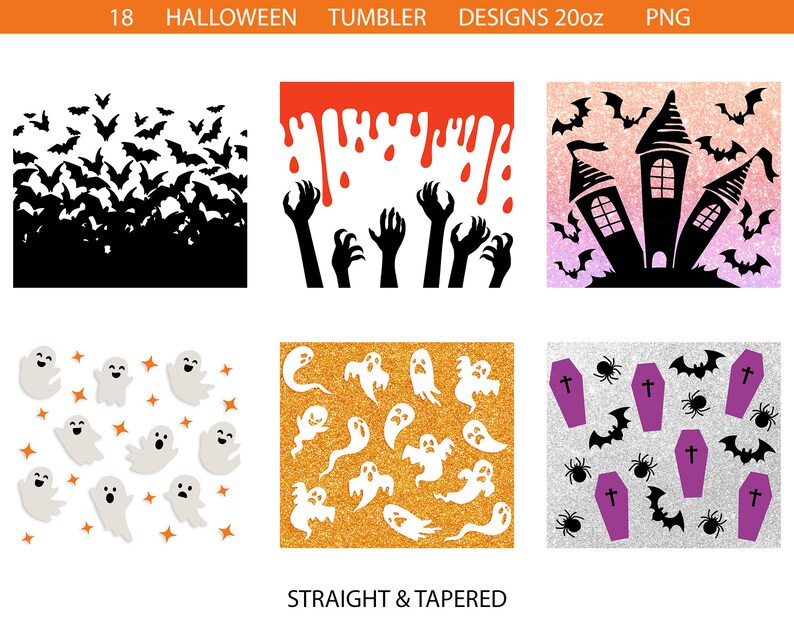 Puede incluir: 18 dise&ntilde;os de vasos de Halloween en formato PNG. Los dise&ntilde;os incluyen murci&eacute;lagos, fantasmas, una casa encantada y ata&uacute;des. Los dise&ntilde;os son perfectos para crear vasos personalizados para la temporada de Halloween.