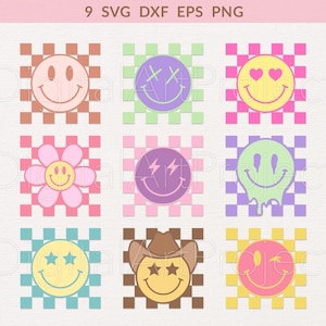 Può includere: Nove disegni di faccine colorate su sfondi a scacchi. Ogni faccina ha un'espressione unica, tra cui cuori, stelle e fulmini. L'immagine include il testo "9 SVG DXF EPS PNG".