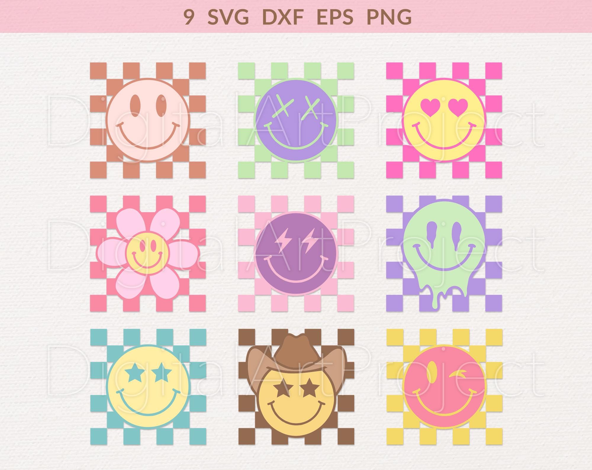 チェック柄スマイリー SVG、レトロ スマイリー SVG、スマイリー フェイス png、ボヘミアン ヒッピー SVG、デイジー スマイリー png、スマイリー png、ハッピー スマイリー png、グルーヴィー スマイリー SVG