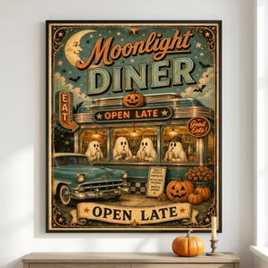 May include: A vintage-style poster titled Moonlight Diner featuring a teal car parked outside a diner with ghosts inside. The text reads Moonlight Diner, Open Late, and Good Eats. A jack-o'-lantern sits in the foreground with a crescent moon above.