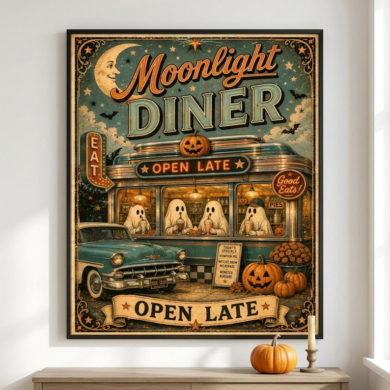 May include: A vintage-style poster titled Moonlight Diner featuring a teal car parked outside a diner with ghosts inside. The text reads Moonlight Diner, Open Late, and Good Eats. A jack-o'-lantern sits in the foreground with a crescent moon above.