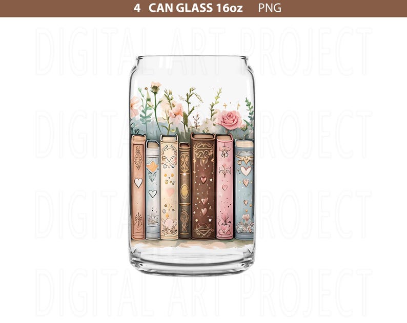 K&ouml;nnte beinhalten: Ein klares 16oz-Glas mit Blumendesign und einer Reihe illustrierter B&uuml;cher. Die B&uuml;cher haben dekorative Buchr&uuml;cken mit Herzen und anderen Verzierungen. Die Oberseite des Glases zeigt rosa und wei&szlig;e Blumen und Gr&uuml;n.