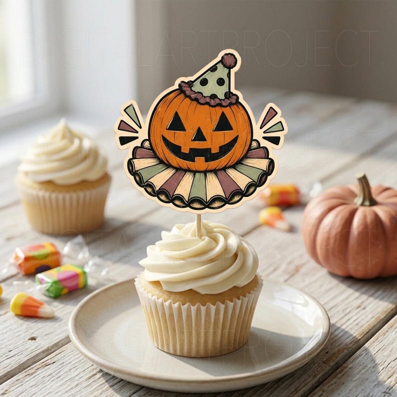 May include: A cupcake topper featuring an orange jack-o'-lantern with a black triangular face, wearing a polka-dot party hat and a multi-colored ruffled collar. The topper is inserted into a cupcake with white frosting on a small plate.