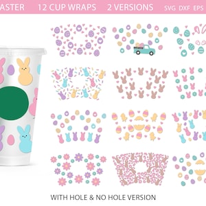 Pode incluir: Doze envoltórios de copo imprimíveis com tema de Páscoa que apresentam vários designs com cores pastel, incluindo coelhos, ovos e flores. Os designs incluem tanto uma versão com um furo como uma versão sem furo.