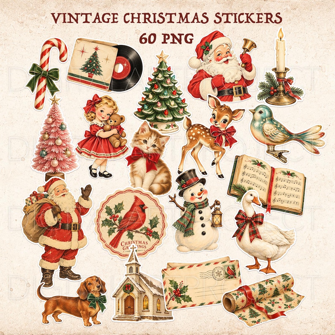 Vintage Christmas Stickers PNG Bundle, Retro Holiday Clipart, Printable ...