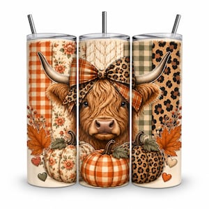 May include: A cylindrical tumbler featuring a Highland cow with a leopard print bow, surrounded by autumn-themed patterns including orange plaid, floral prints, and leopard spots. The design includes pumpkins, maple leaves, and small heart shapes.