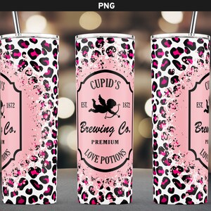 Valentine Glitter Cheetah 20oz Skinny Sublimation Tumbler Design PNG File, Valentine Tumbler, Cupid&#39;s Brewing Co Love Potion, Leopard PNG