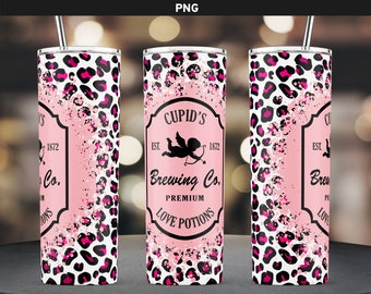 Valentine Glitter Cheetah 20oz Skinny Sublimation Tumbler Design PNG File, Valentine Tumbler, Cupid's Brewing Co Love Potion, Leopard PNG