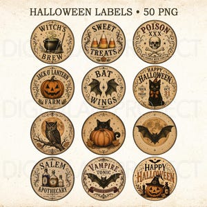 May include: A collection of twelve circular Halloween labels featuring vintage-style illustrations including a witch's brew, candy corn, a skull, a jack-o'-lantern, bat wings, a black cat, an owl, a bat, and apothecary bottles with text.