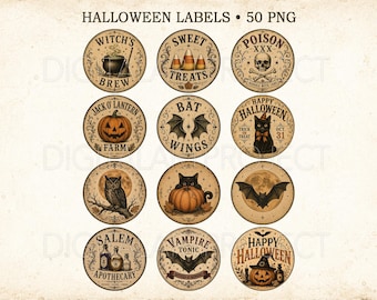 Halloween Round Labels PNG Bundle, Vintage Apothecary Stickers, Witch Potion Labels, Pumpkin Bat Ghost Digital Junk Journal, Vintage Label