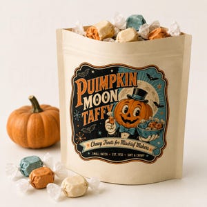 K&ouml;nnte beinhalten: Ein beigefarbener Standbeutel gef&uuml;llt mit einzeln verpackten Bonbons, mit einem Etikett mit der Aufschrift Pumpkin Moon Taffy, Chewy Treats for Mischief Makers, Small Batch, Est. 1952, Soft & Chewy. Ein kleiner orangefarbener K&uuml;rbis und drei Bonbons liegen daneben.