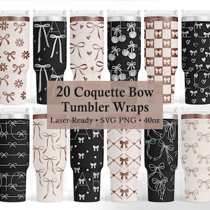Puede incluir: Una colección de diseños para vasos de 40 oz con patrones de lazos, cerezas y corazones en negro, blanco y marrón. Incluye el texto "20 Coquette Bow Tumbler Wraps" y "Laser-Ready SVG PNG 40oz".