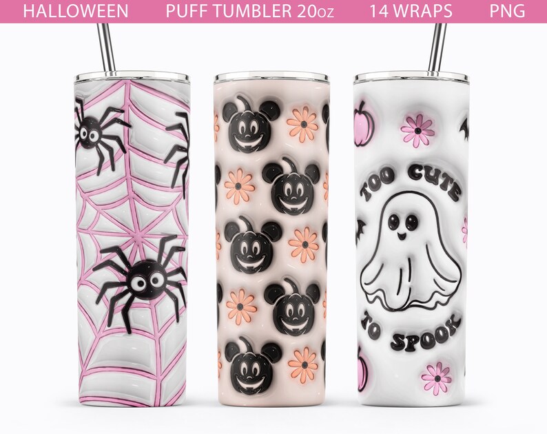 May include: Three 20 oz. stainless steel tumblers with Halloween designs. The first tumbler has a pink and white spider web pattern with black spiders. The second tumbler has a peach and white background with black Mickey Mouse heads and pumpkins. The third tumbler has a white background with a pink and black ghost with the text "Too Cute To Spook".