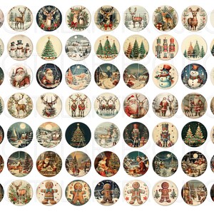 Puede incluir: Una colecci&oacute;n de 60 im&aacute;genes redondas con tem&aacute;tica navide&ntilde;a. Las im&aacute;genes presentan a Pap&aacute; Noel, renos, mu&ntilde;ecos de nieve, &aacute;rboles de Navidad y escenas invernales. La paleta de colores incluye rojos, verdes, azules y marrones, con un estilo vintage de acuarela.