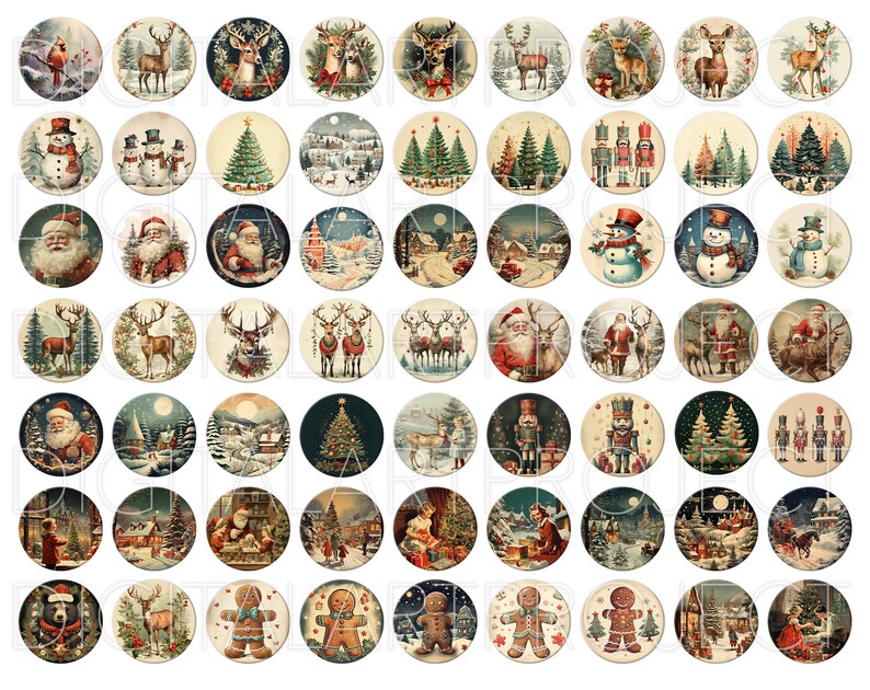 Puede incluir: Una colecci&oacute;n de 60 im&aacute;genes redondas con tem&aacute;tica navide&ntilde;a. Las im&aacute;genes presentan a Pap&aacute; Noel, renos, mu&ntilde;ecos de nieve, &aacute;rboles de Navidad y escenas invernales. La paleta de colores incluye rojos, verdes, azules y marrones, con un estilo vintage de acuarela.