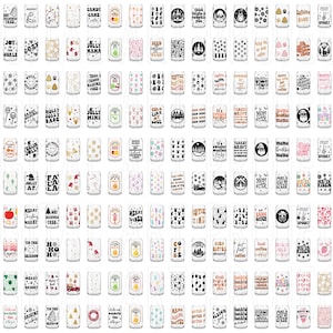 May include: A collection of 100 different designs for 12 oz. beverage can wraps. The designs feature a variety of themes, including Christmas, coffee, and Halloween. The designs are printed in black, white, and gold on a white background.