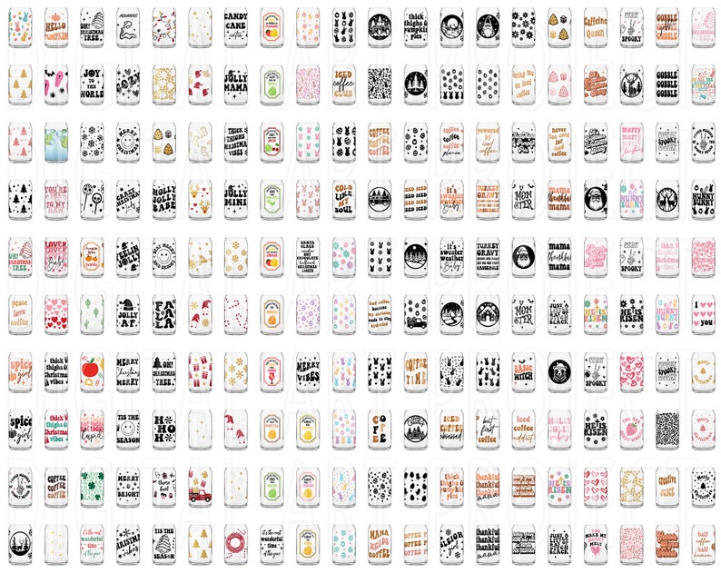 May include: A collection of 100 different designs for 12 oz. beverage can wraps. The designs feature a variety of themes, including Christmas, coffee, and Halloween. The designs are printed in black, white, and gold on a white background.