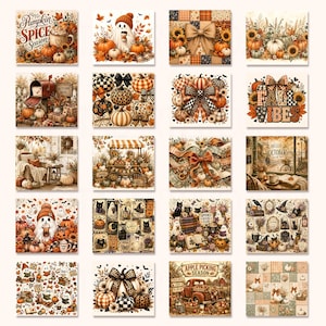 May include: A collection of twenty square digital art prints featuring autumn themes, including pumpkins, ghosts, sunflowers, plaid patterns, rustic trucks, and seasonal text like Pumpkin Spice Season, Fall Vibes, Hello October, and Apple Picking Season.