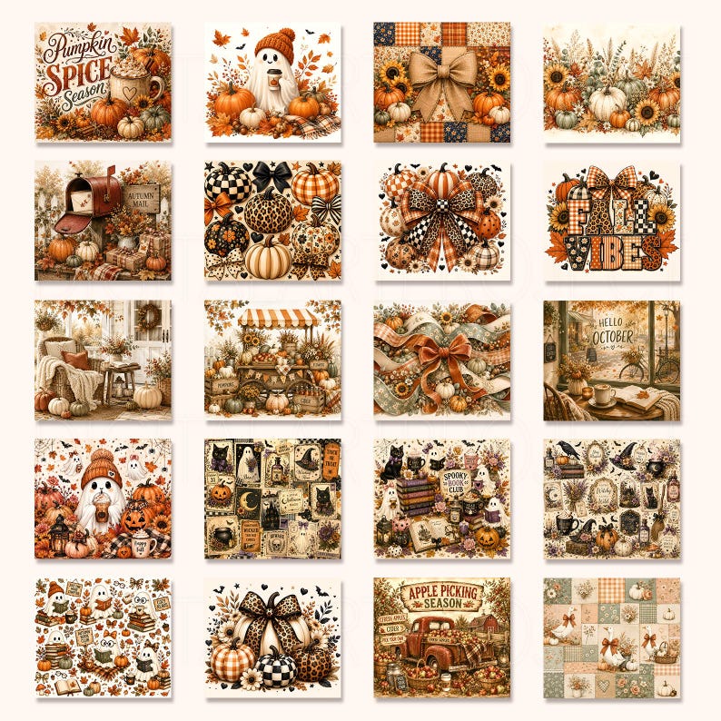 May include: A collection of twenty square digital art prints featuring autumn themes, including pumpkins, ghosts, sunflowers, plaid patterns, rustic trucks, and seasonal text like Pumpkin Spice Season, Fall Vibes, Hello October, and Apple Picking Season.