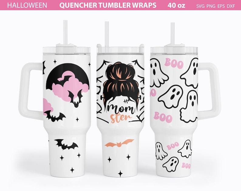K&ouml;nnte beinhalten: Drei 40-Unzen-Becherdesigns mit einer Schwarzwei&szlig;illustration einer Frau mit einem unordentlichen Dutt, einer rosa Wolke mit Flederm&auml;usen und Geistern mit dem Wort "BOO" in Rosa.