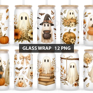 May include: A collection of glass wrap designs featuring whimsical Halloween-themed illustrations. The designs include friendly ghosts, pumpkins, bats, and floral accents in warm autumnal colors. The text "GLASS WRAP 12 PNG" is displayed.